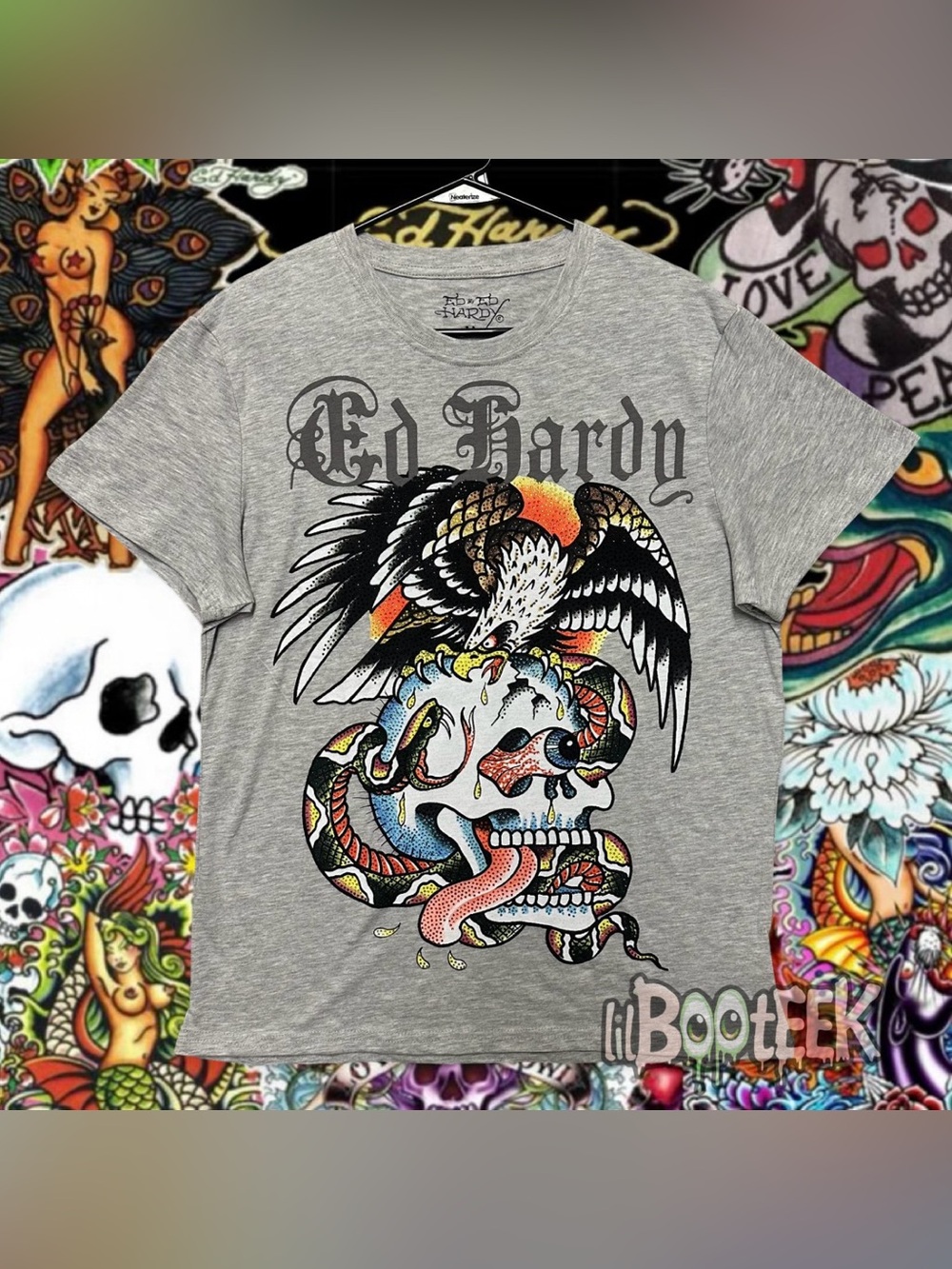 Ed Hardy Mens MD Heather Gray T-Shirt Rhinestone Skull Eagle Snake Logo NEW Y2K